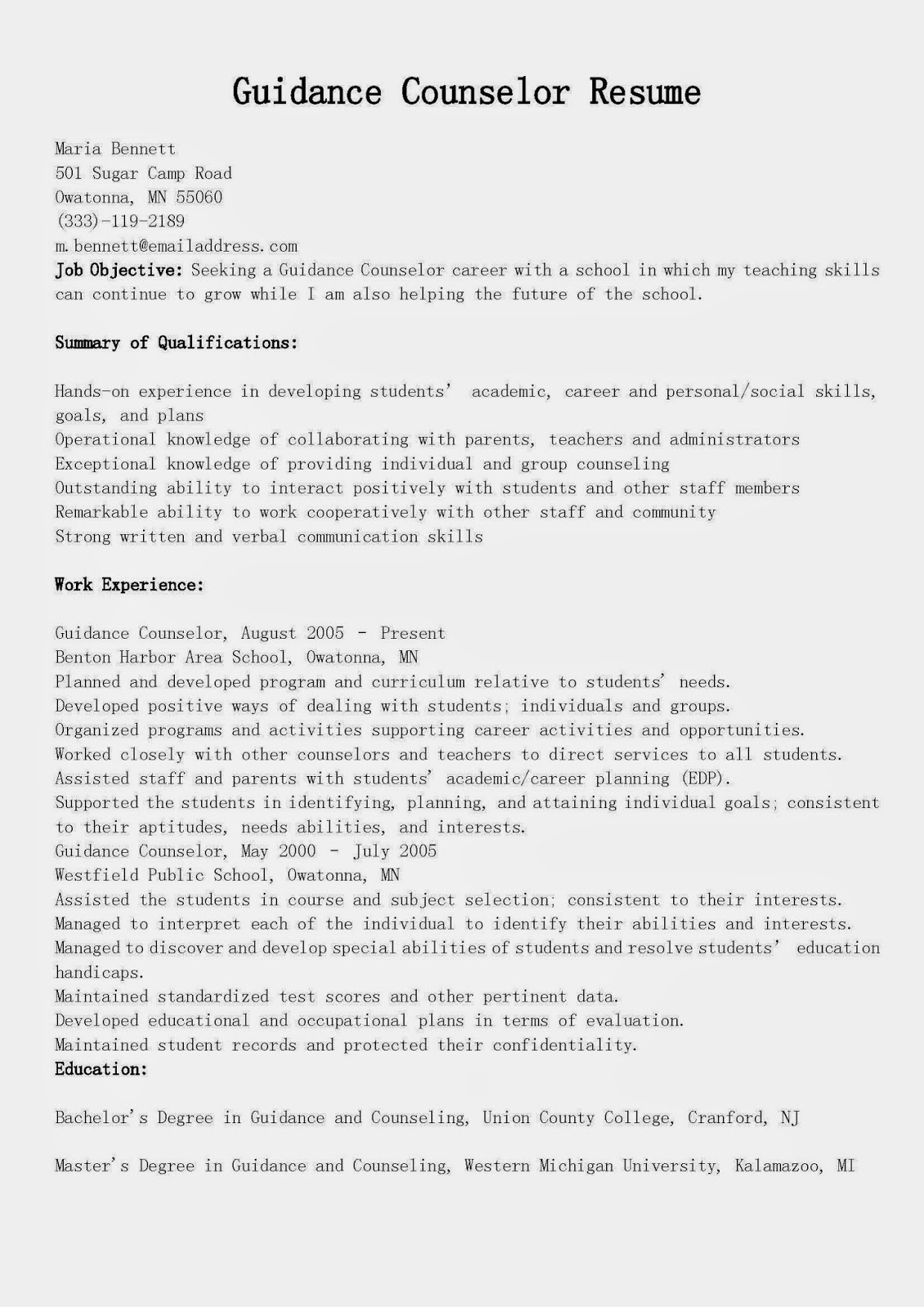 Resume format career counselor